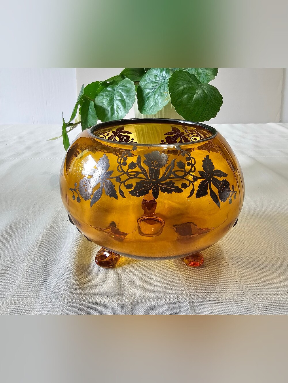 Vintage 1940s–50s Amber Glass Footed Rose Bowl – Silver Orchid Overlay
